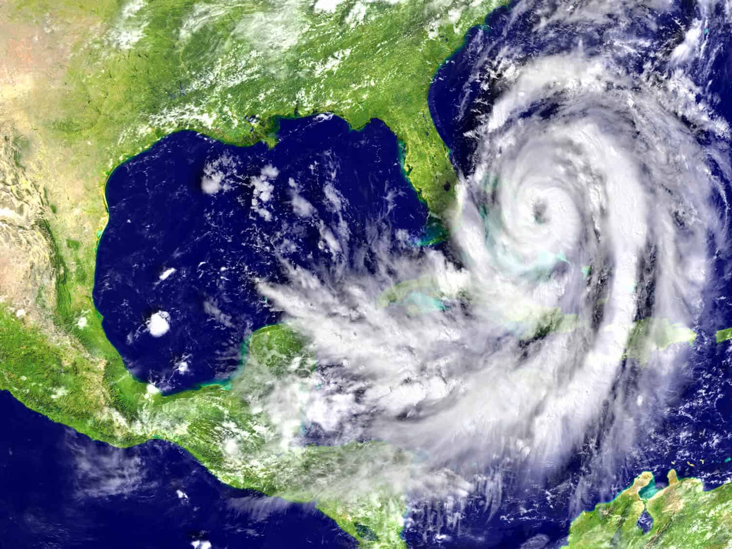 A satellite image captures a swirling hurricane in the Gulf of Mexico with a distinct eye and dense clouds, much like a whirl of garage door repair tasks spiraling above North and Central America, touching smaller Caribbean islands.