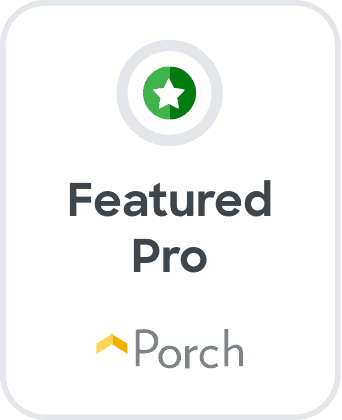 A badge with a green star icon at the top, the text "Featured Pro" in the center, and the Porch logo featuring a yellow arrow underneath.