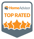 Badge with "HomeAdvisor Top Rated" text. Features four orange stars above a gray shield design.
