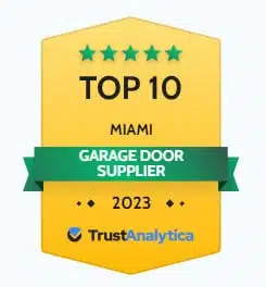 A badge featuring a Top 10 Miami Garage Door Supplier award for 2023 by TrustAnalytica, with five stars displayed at the top.