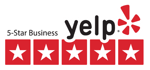 Yelp logo with the words "5-Star Business" and five red stars underneath, indicating top rating.