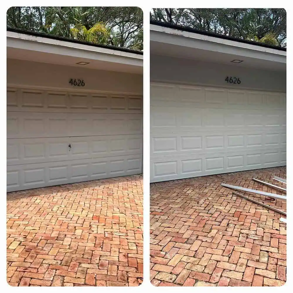 A side-by-side comparison of a white garage door before and after repair in Palm Beach, FL; the left shows a damaged panel, and the right shows the door fixed with bricks and metal strips. House number 4626 is above the garage.