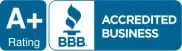 A blue rectangle with the BBB (Better Business Bureau) logo displays "A+ Rating" on the left and "Accredited Business" on the right, highlighting excellence in Garage Door Repair and Installation services.