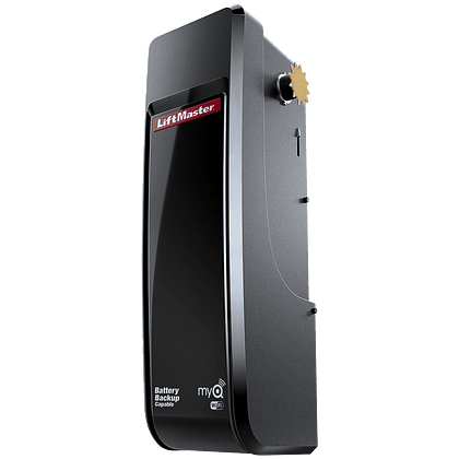 A LiftMaster garage door opener featuring battery backup and myQ technology offers seamless garage door installation. This sleek, black device boasts a red logo on the top front panel, ensuring both style and functionality for your home.