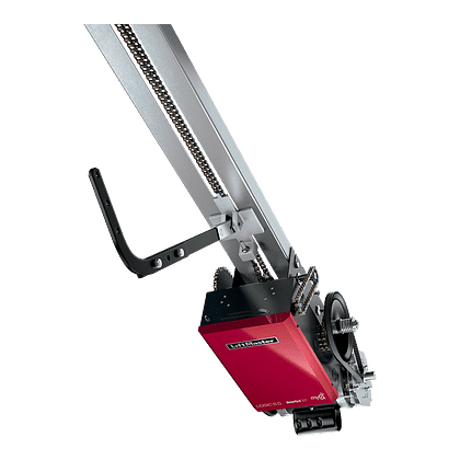 A red LiftMaster garage door opener with a long metal rail and chain drive system, featuring a curved handle and pulley wheel, is ideal for seamless garage door installation.