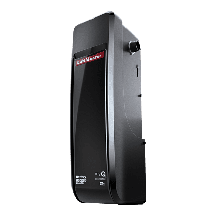 Wall-mounted black LiftMaster garage door opener features Battery Backup, myQ connectivity, and is a breeze with Garage Door Opener Installation. Consider adding premium Garage Door Accessories for enhanced functionality and style.