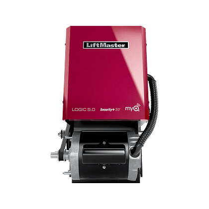 A red LiftMaster garage door opener with "LOGIC 5.0," "Security+ 2.0," and "myQ" labeling, perfect for seamless garage door opener installation. Its compact design reveals visible wiring and mechanical components, making it a vital piece in your collection of garage door accessories.