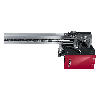 Red and black electric garage door opener against a white background, featuring a chain drive and control unit with visible branding on the side, ideal for seamless garage door installation.