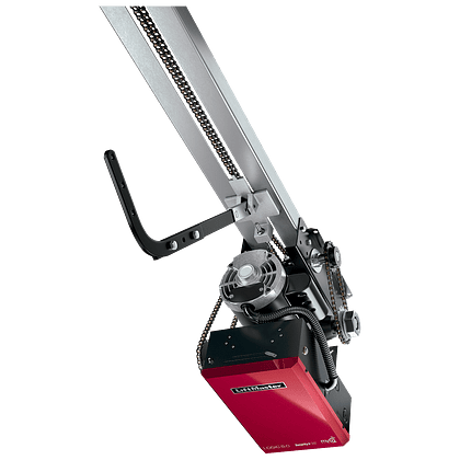 Close-up of a red and black mechanical device with a metal track and chain, mounted on a ceiling. The device appears to be a garage door opener with visible motor and components, essential for garage door repair and installation.