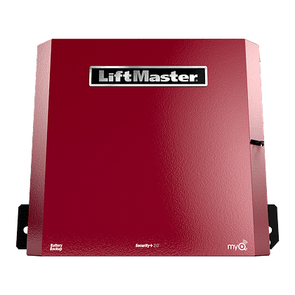 A red LiftMaster garage door opener unit proudly displays the "Battery Backup," "Security+ 2.0," and "myQ" logos, ideal for seamless garage door installation.