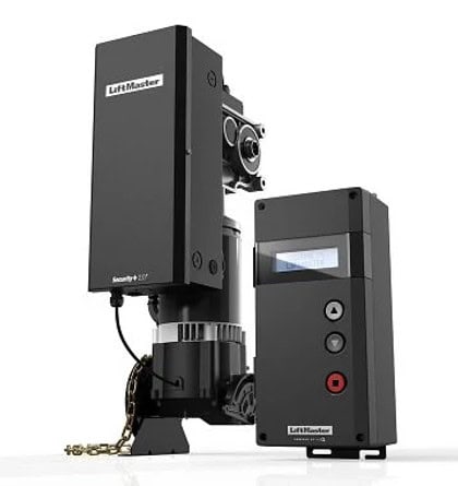 A LiftMaster garage door opener system consisting of a motor unit and a control panel is perfect for any modern garage. The motor is mounted vertically with a chain, while the control panel features a digital display and buttons. Both sleek and black components complement any garage doors seamlessly.