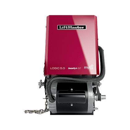 The red LiftMaster garage door opener model, boasting a black motor, showcases "Logic 5.0" and "Security+ 2.0" branding alongside "myQ" technology. Perfect for garage door installation needs, its visible chains hint at a reliable chain-drive mechanism.