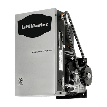 The LiftMaster Medium Duty Logic garage door opener features a reliable metal chain and sprocket mechanism. This rectangular gray unit, ideal for garage door opener installation, proudly displays the brand logo on top and has various labels and instructions along its side.