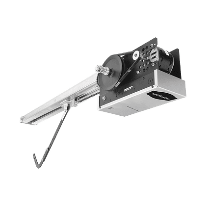 A ceiling-mounted commercial garage door opener with a metal rail and motorized unit in black and silver. Ideal for seamless garage door installation, an arm extends from the motor, expertly designed to lift and lower the door effortlessly.