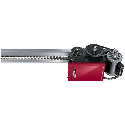 A sliding gate motor system with a long metal track, red control unit, black cogwheel, and connected chains is designed for automated gate movement. This system complements any garage door installation by providing reliable control and seamless integration.
