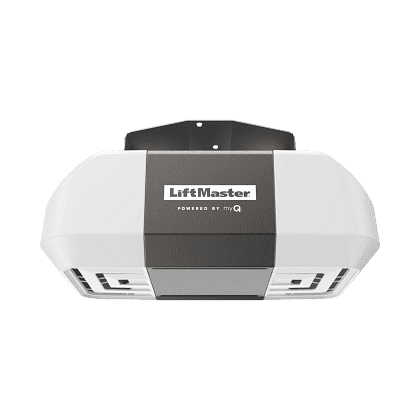 A white LiftMaster garage door opener with "Powered by myQ" text. The sleek, rectangular unit features a gray center panel and logo on the front, making it an ideal choice for seamless garage door installation.