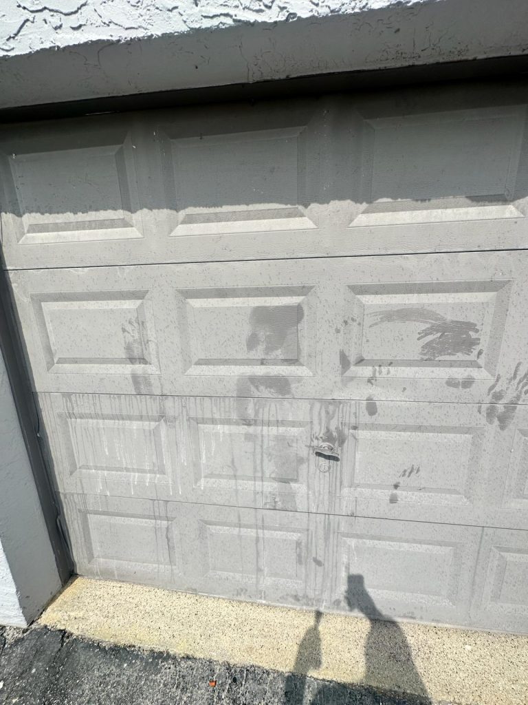 A garage door with a partially cleaned section, showing a clear line between clean and dirty areas. The door is rectangular with raised panels. A shadow of a person with a phone is visible on the concrete below.