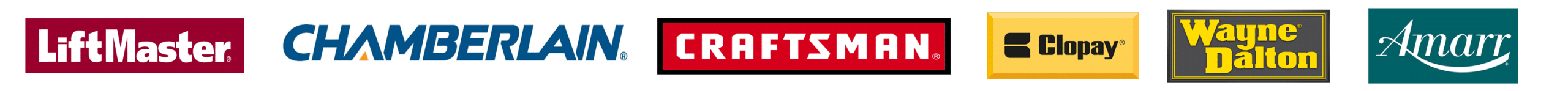 A row of six logos for garage door opener brands: LiftMaster, Chamberlain, Craftsman, Genie, Wayne Dalton, and Sommer, each in their distinct brand colors and styles.