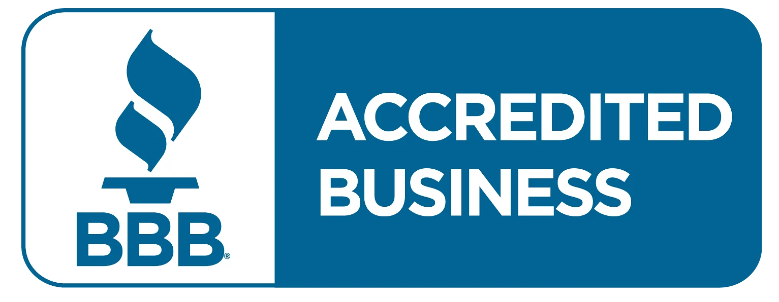 Blue and white BBB Accredited Business badge featuring the Better Business Bureau torch logo on the left and the words "ACCREDITED BUSINESS" on the right.