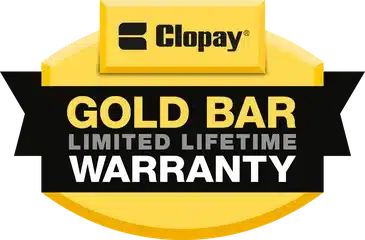 Clopay Gold Bar Limited Lifetime Warranty badge features a bold yellow and black design.