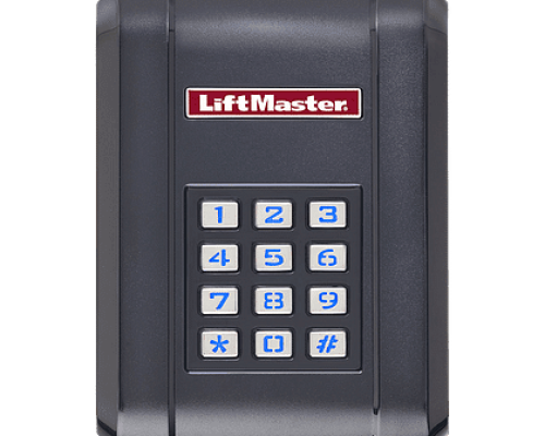 A black LiftMaster keypad panel with a numeric keypad displaying numbers 1 to 9, 0, and symbols *, #. The keypad is surrounded by a rectangular frame.