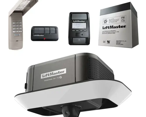 A LiftMaster garage door opener system with five components: a keyless entry pad, remote control, wall-mounted control panel, backup battery, and the main motor unit with a sleek design.